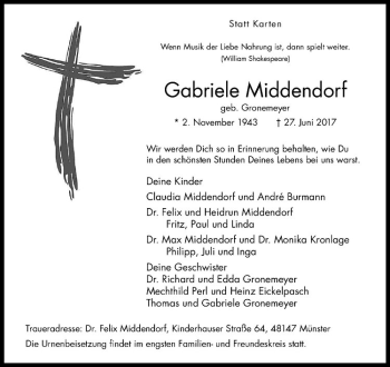 Anzeige von Gabriele Middendorf von Westfälische Nachrichten