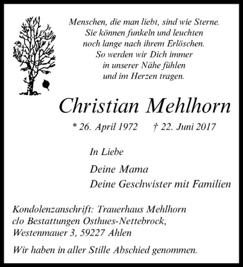  Traueranzeige für Christian Mehlhorn vom 01.07.2017 aus Westfälische Nachrichten