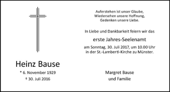 Anzeige von Heinz Bause von Westfälische Nachrichten