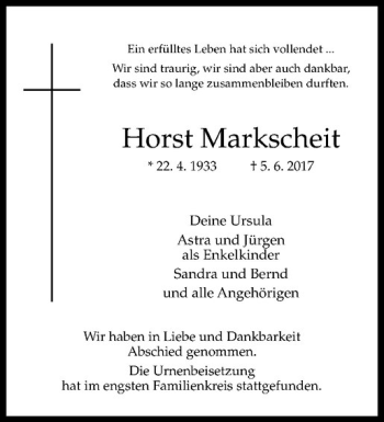 Anzeige von Horst Markscheit von Westfälische Nachrichten