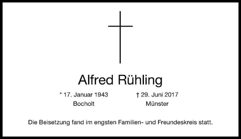  Traueranzeige für Alfred Rühling vom 17.07.2017 aus Westfälische Nachrichten