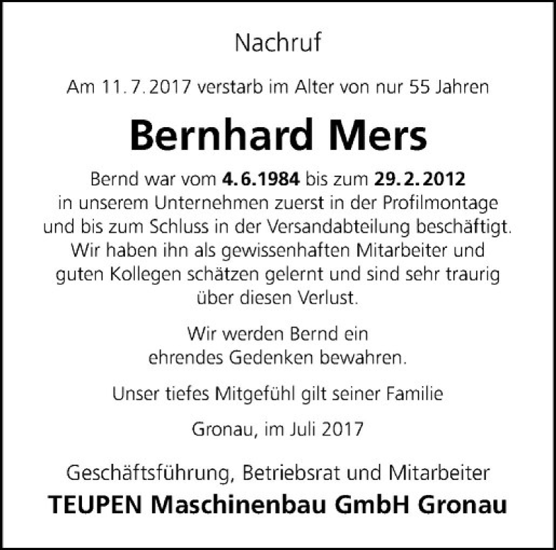  Traueranzeige für Bernhard Mers vom 15.07.2017 aus Westfälische Nachrichten