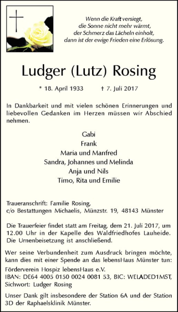 Anzeige von Ludger Rosing von Westfälische Nachrichten