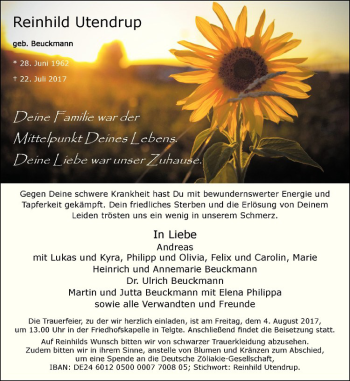 Anzeige von Reinhild Utendrup von Westfälische Nachrichten