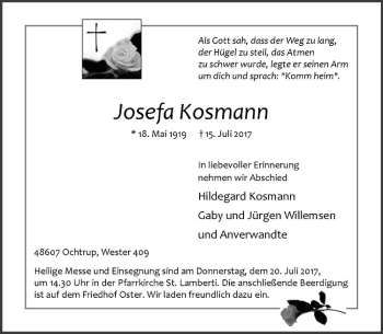 Anzeige von Josefa Kosmann von Westfälische Nachrichten
