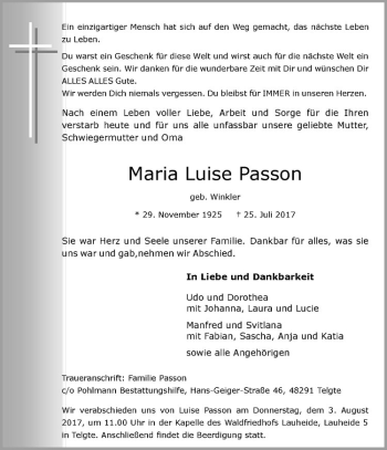 Anzeige von Maria Luise Passon von Westfälische Nachrichten