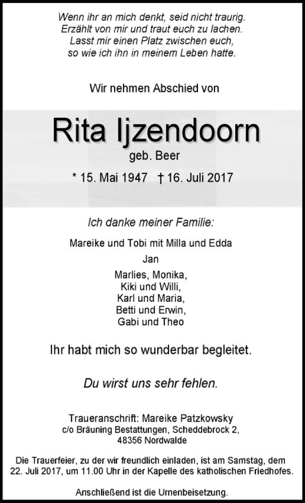  Traueranzeige für Rita Ijzendoorn vom 18.07.2017 aus Westfälische Nachrichten