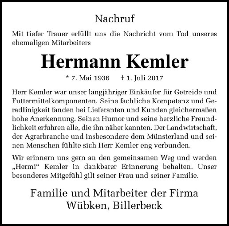  Traueranzeige für Hermann Kemler vom 11.07.2017 aus Westfälische Nachrichten
