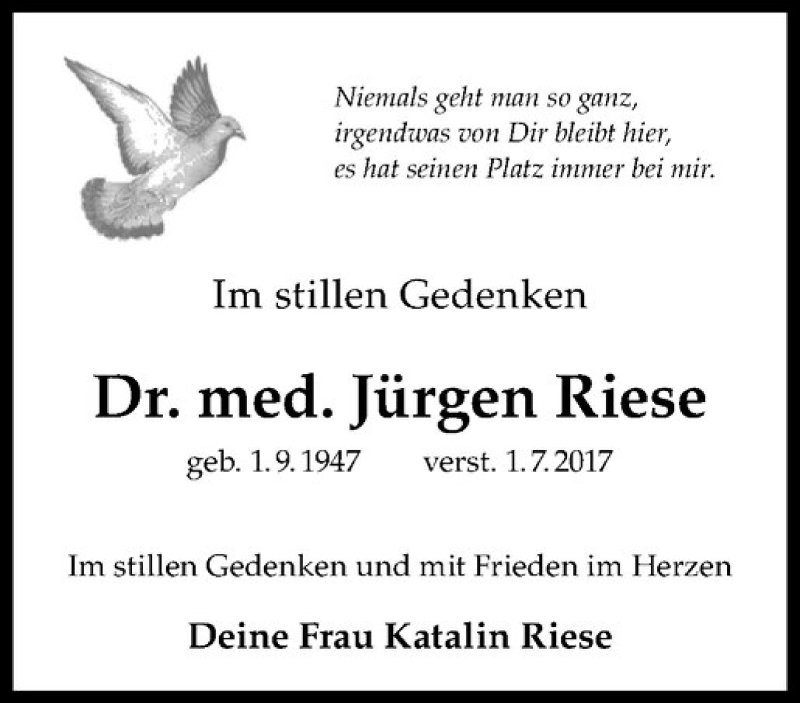  Traueranzeige für Jürgen Riese vom 07.07.2017 aus Westfälische Nachrichten