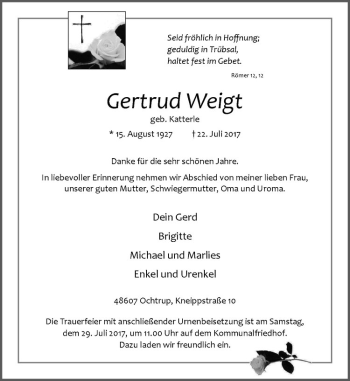 Anzeige von Gertrud Weigt von Westfälische Nachrichten