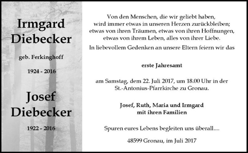  Traueranzeige für Irmgard Diebecker vom 19.07.2017 aus Westfälische Nachrichten