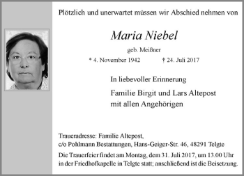 Anzeige von Maria Niebel von Westfälische Nachrichten