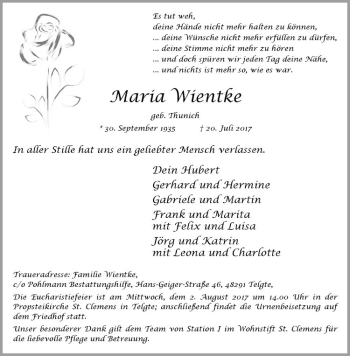 Anzeige von Maria Wientke von Westfälische Nachrichten