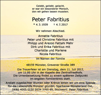 Anzeige von Peter Fabritius von Westfälische Nachrichten
