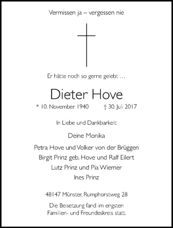 Anzeige von Dieter Hove von Westfälische Nachrichten