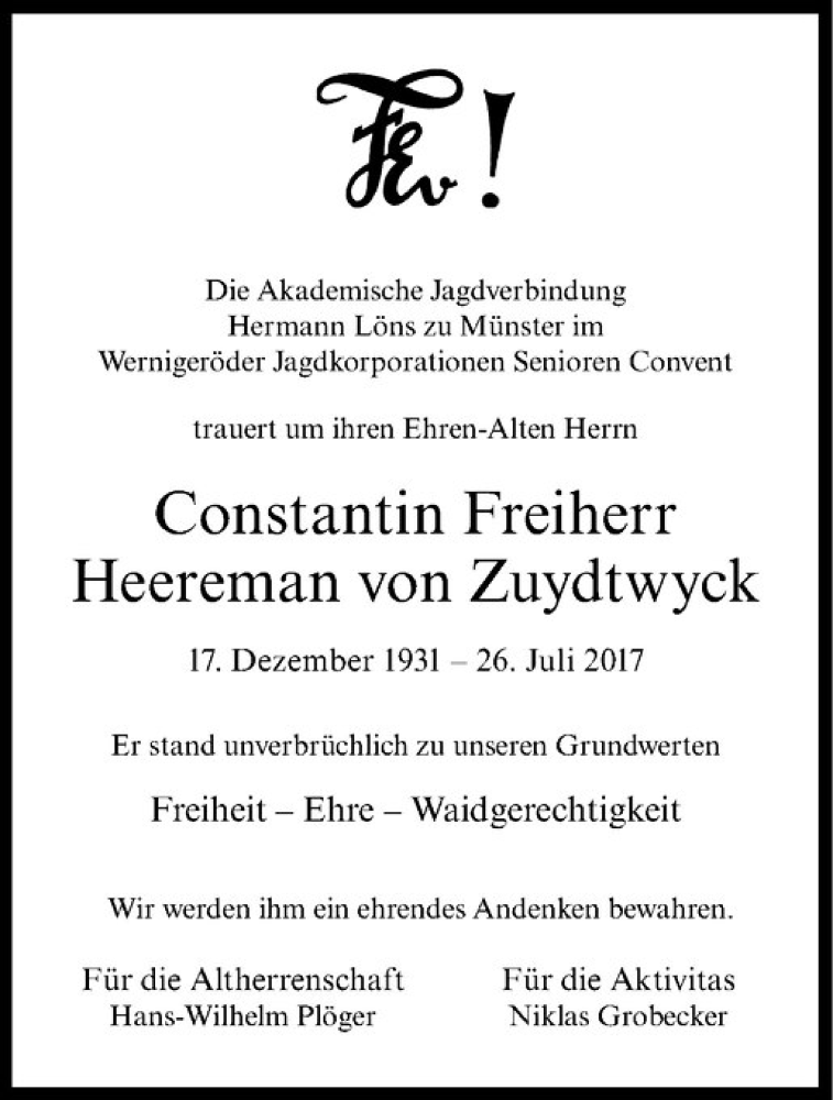  Traueranzeige für Constantin Freiherr Heereman von Zuydtwyck vom 02.08.2017 aus Westfälische Nachrichten