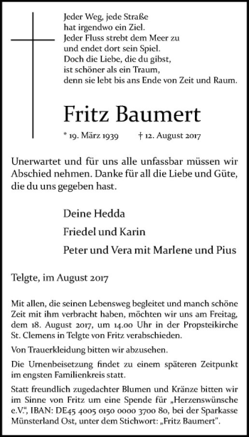 Anzeige von Fritz Baumert von Westfälische Nachrichten