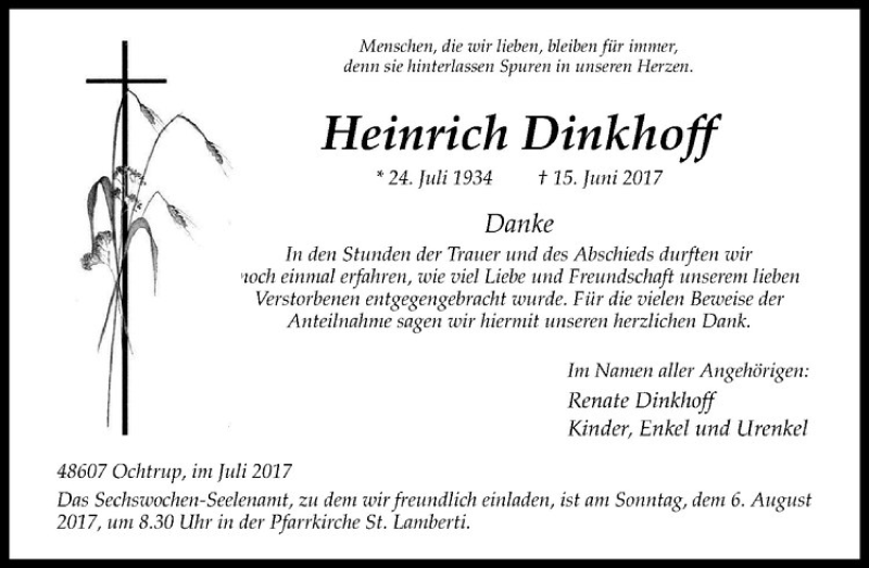  Traueranzeige für Heinrich Dinkhoff vom 02.08.2017 aus Westfälische Nachrichten