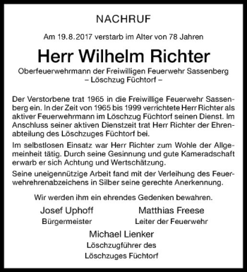 Anzeige von Wilhelm Richter von Westfälische Nachrichten