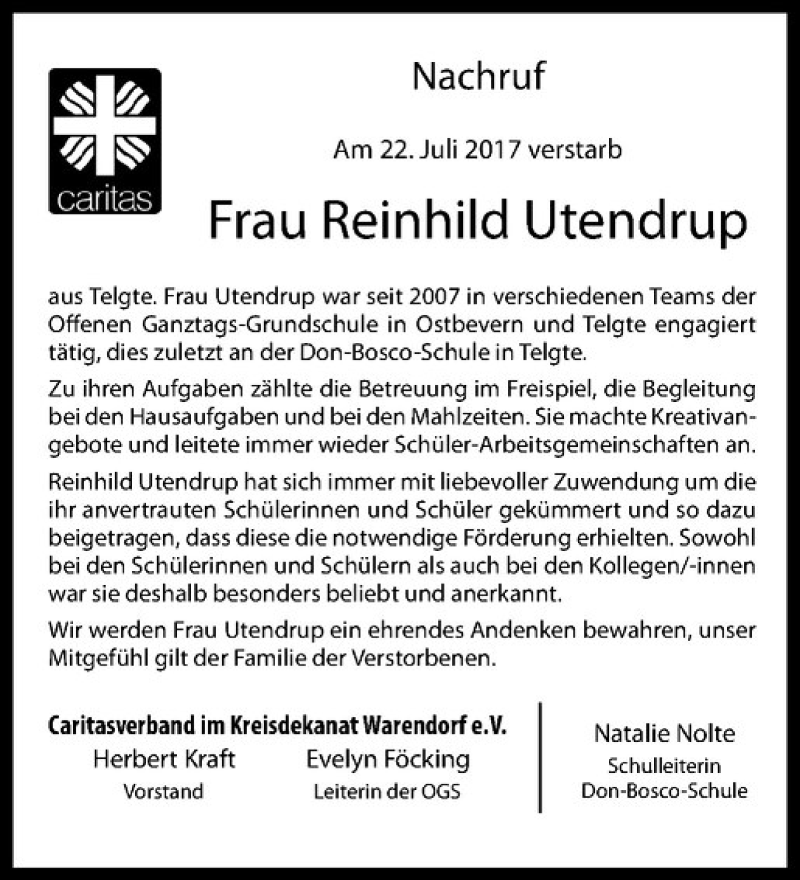  Traueranzeige für Reinhild Utendrup vom 01.08.2017 aus Westfälische Nachrichten