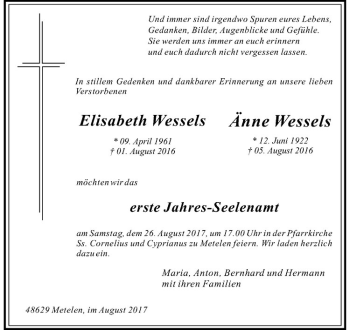 Anzeige von Elisabeth Wessels von Westfälische Nachrichten