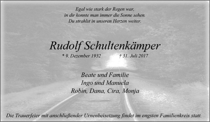  Traueranzeige für Rudolf Schultenkämper vom 05.08.2017 aus Westfälische Nachrichten