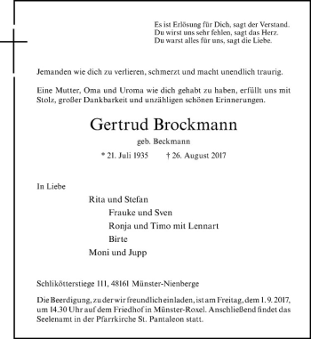 Anzeige von Gertrud Brockmann von Westfälische Nachrichten