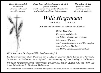 Anzeige von Willi Hagemann von Westfälische Nachrichten