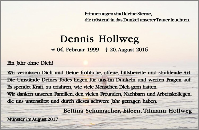  Traueranzeige für Dennis Hollweg vom 19.08.2017 aus Westfälische Nachrichten