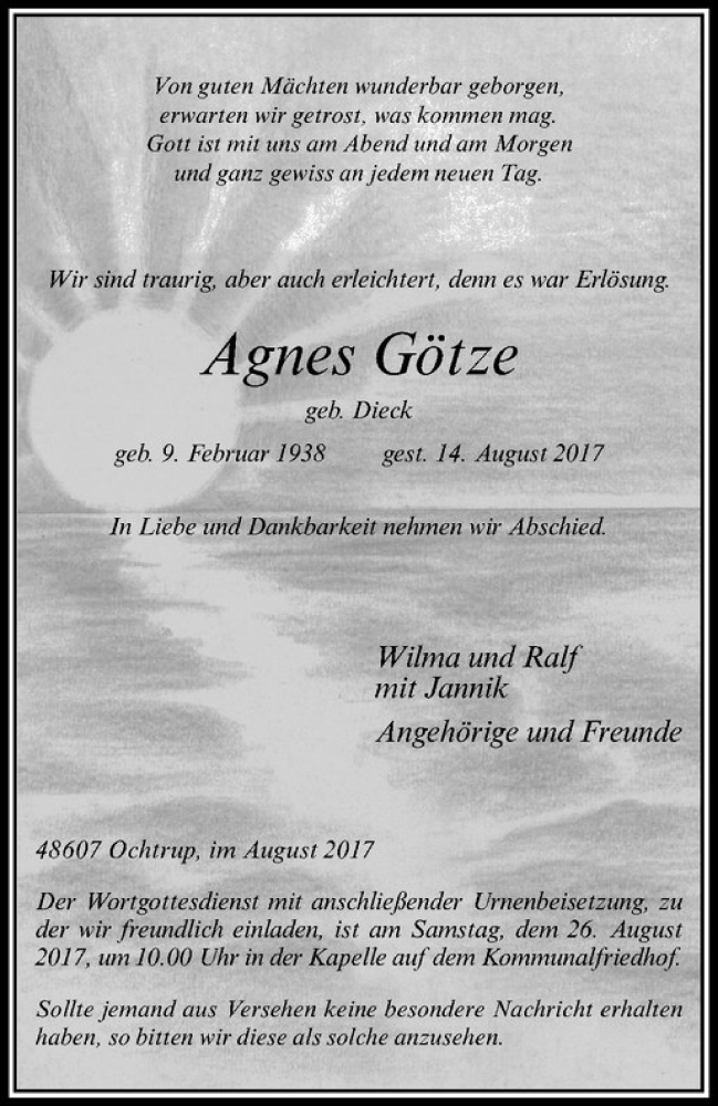  Traueranzeige für Agnes Götze vom 22.08.2017 aus Westfälische Nachrichten
