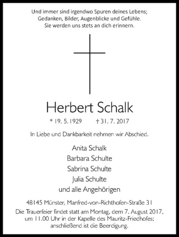 Anzeige von Herbert Schalk von Westfälische Nachrichten