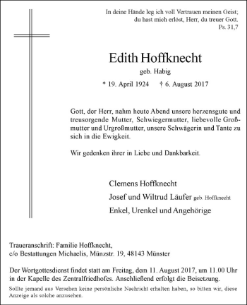 Anzeige von Edith Hoffknecht von Westfälische Nachrichten
