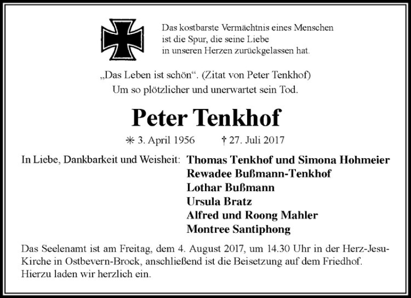 Traueranzeige für Peter Tenkhof vom 02.08.2017 aus Westfälische Nachrichten