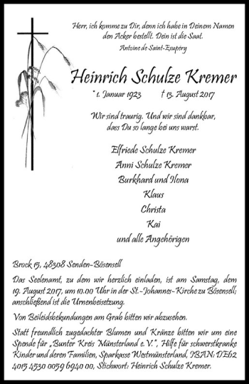 Anzeige von Heinrich Schulze Kremer von Westfälische Nachrichten