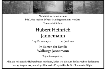 Anzeige von Hubert Heinrich Jannemann von Westfälische Nachrichten