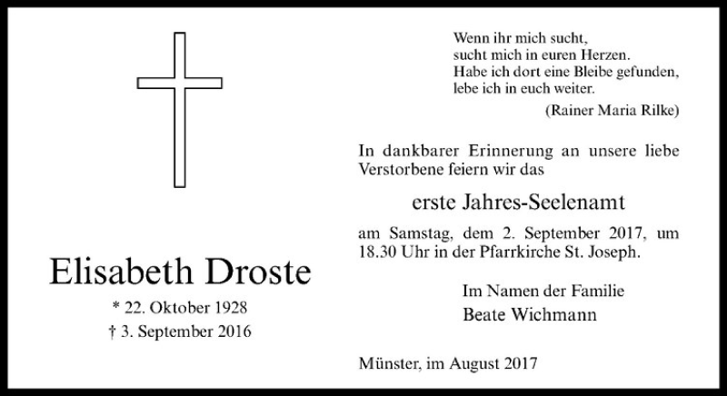  Traueranzeige für Elisabeth Droste vom 26.08.2017 aus Westfälische Nachrichten