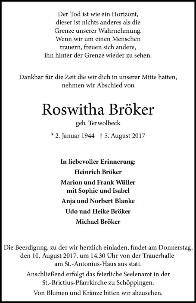  Traueranzeige für Roswitha Bröker vom 09.08.2017 aus Westfälische Nachrichten
