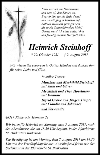 Anzeige von Heinrich Steinhoff von Westfälische Nachrichten