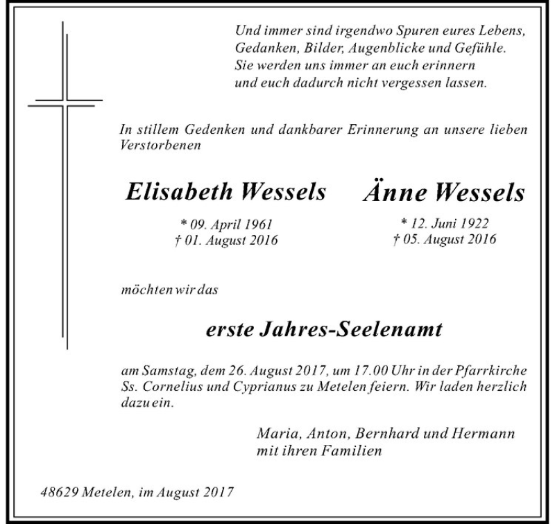  Traueranzeige für Elisabeth Wessels vom 24.08.2017 aus Westfälische Nachrichten