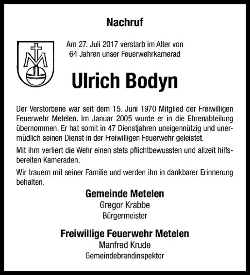  Traueranzeige für Ulrich Bodyn vom 01.08.2017 aus Westfälische Nachrichten