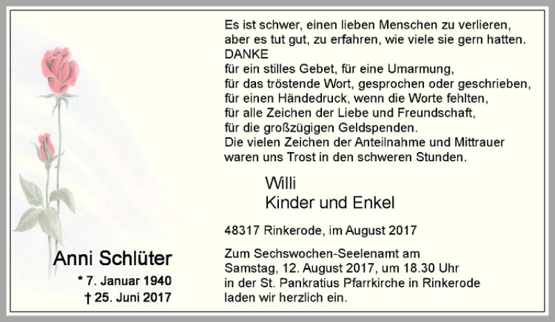  Traueranzeige für Anni Schlüter vom 08.08.2017 aus Westfälische Nachrichten