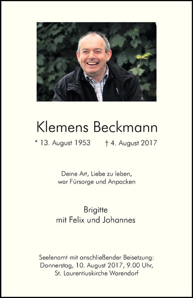  Traueranzeige für Klemens Beckmann vom 08.08.2017 aus Westfälische Nachrichten