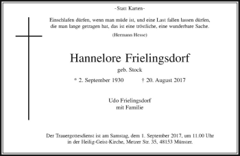 Anzeige von Hannelore Frielingsdorf von Westfälische Nachrichten