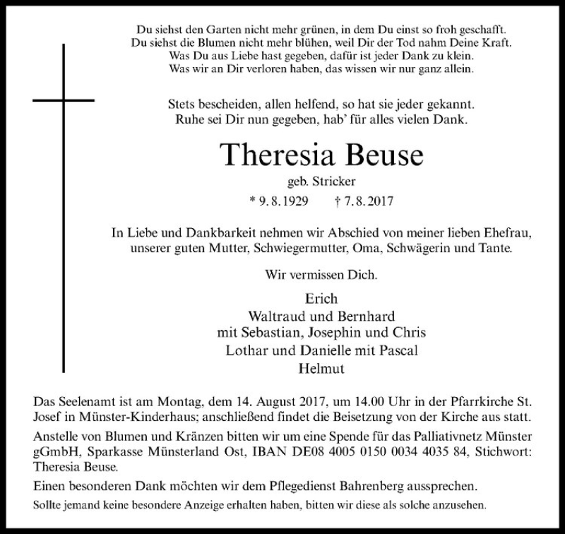  Traueranzeige für Theresia Beuse vom 12.08.2017 aus Westfälische Nachrichten