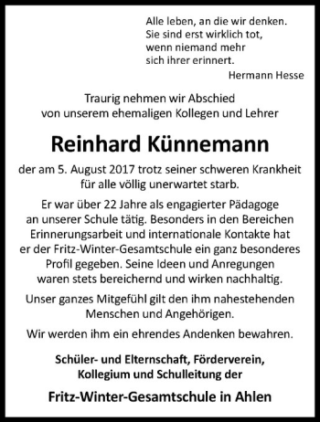 Anzeige von Reinhard Künnemann von Westfälische Nachrichten