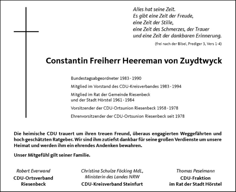  Traueranzeige für Constantin Freiherr Heereman von Zuydtwyck vom 02.08.2017 aus Westfälische Nachrichten