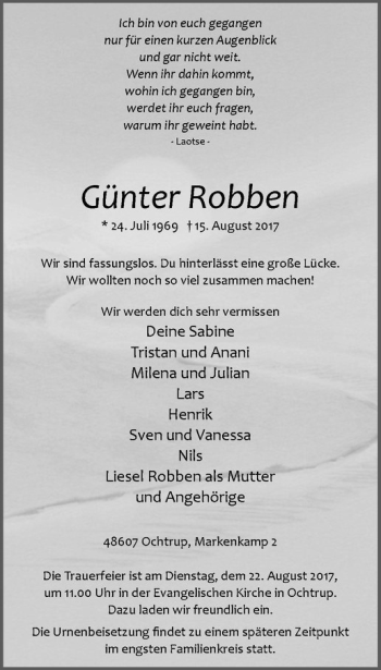 Anzeige von Günter Robben von Westfälische Nachrichten