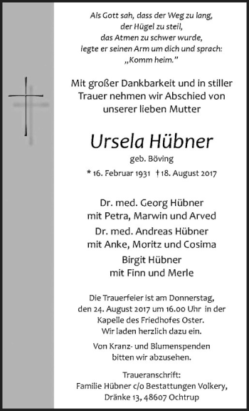 Anzeige von Ursela Hübner von Westfälische Nachrichten