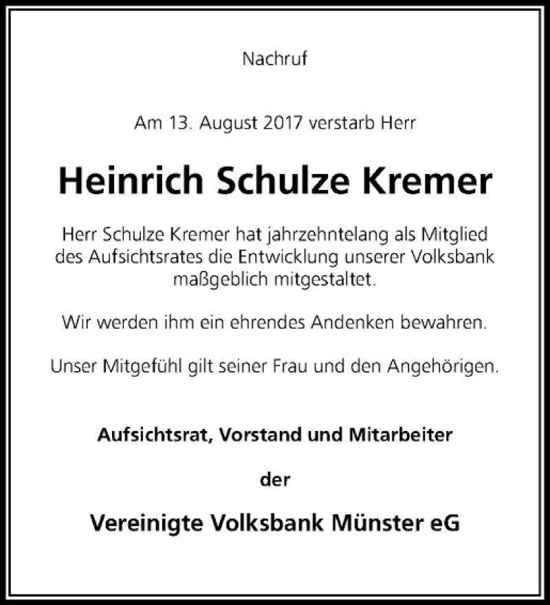  Traueranzeige für Heinrich Schulze Kremer vom 19.08.2017 aus Westfälische Nachrichten