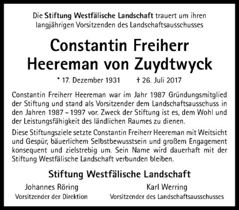  Traueranzeige für Constantin Freiherr Heereman von Zuydtwyck vom 03.08.2017 aus Westfälische Nachrichten